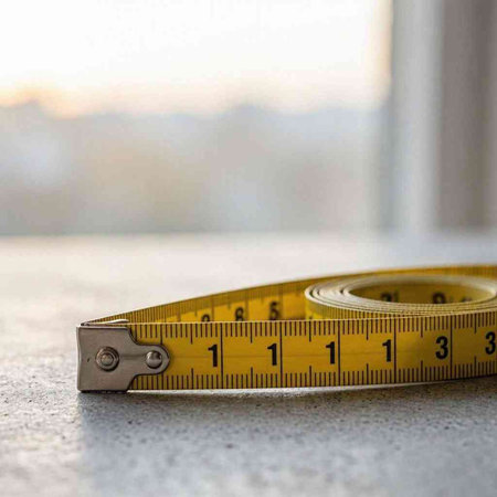 Measuring tape on the table in the kitchen. Selective focus.