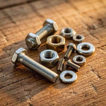 Nuts and bolts on a wooden table. Shallow depth of field.