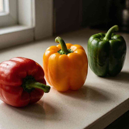 Bell peppers on the kitchen table. Close-up. Selective focus.