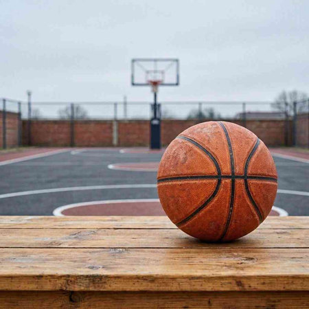 Basketball ball on an outdoor basketball court with a basketball hoop in the background