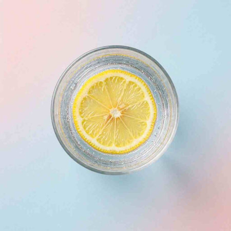 A glass of water with lemon on a blue background. Top view.
