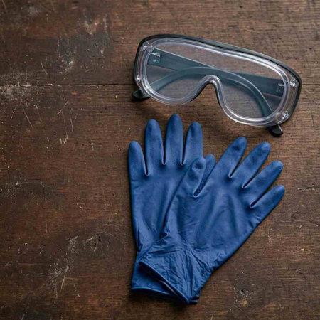 Safety glasses and gloves on a wooden background. Work safety concept.