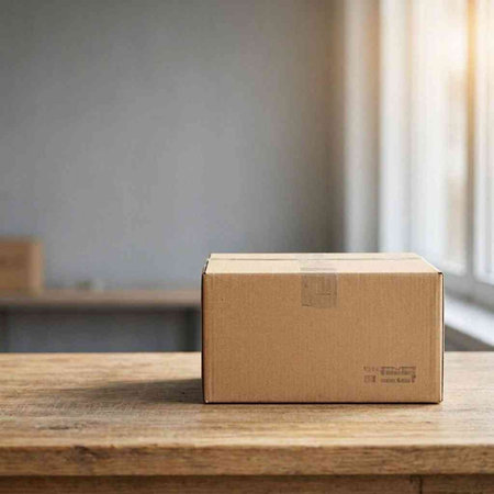 Cardboard box on wooden table and blurred background. Delivery service concept.