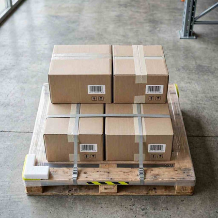Cardboard boxes stacked on a pallet in a warehouse. Cargo transportation and storage of goods.