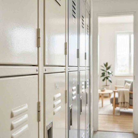Locker changing room with white lockers in a modern apartment.