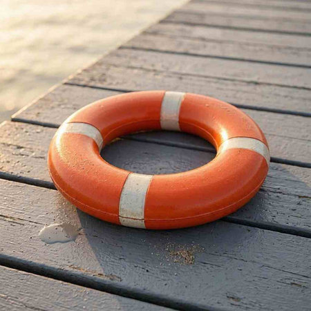 Lifebuoy on a wooden pier. Focus on the ring.
