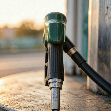 Close up of a fuel nozzle on a gas station at sunset.