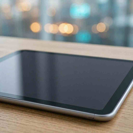 Tablet computer on wooden table with bokeh background, stock photo