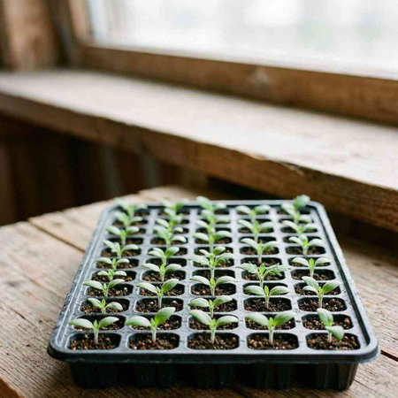 Plant seedlings in a plastic tray on the windowsill.