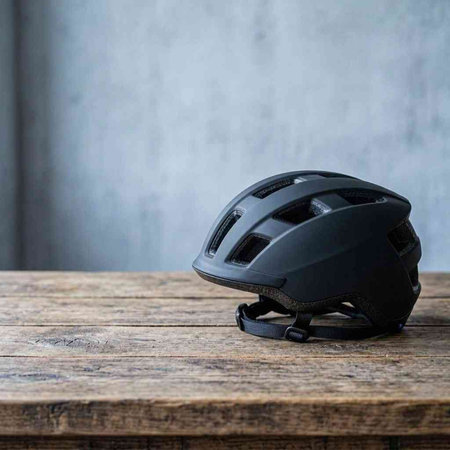 Black bicycle helmet on wooden table in front of concrete wall background.