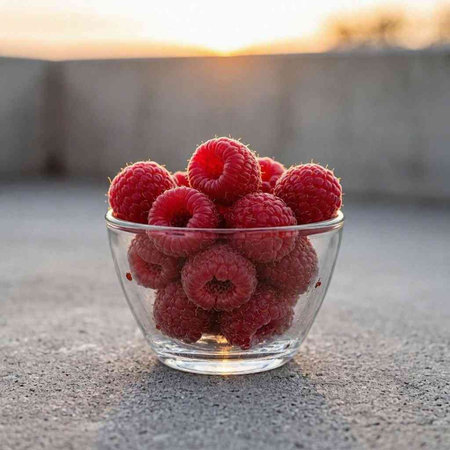 Ripe raspberries in a glass bowl on a gray concrete background