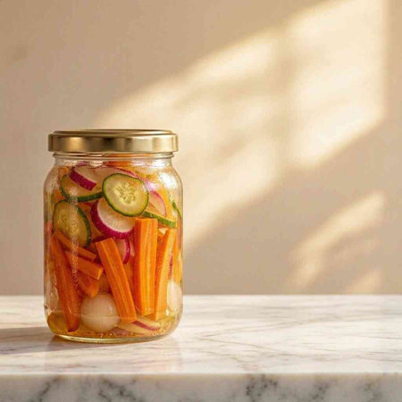 Glass jar of pickled vegetables on white marble countertop with copy space