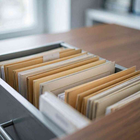 Close-up of file folders in filing cabinet. Selective focus.