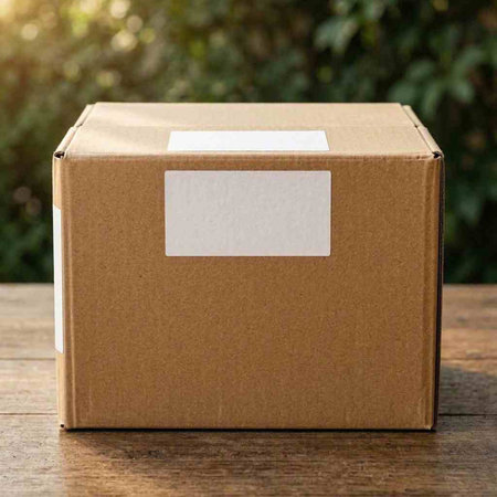 Cardboard box with blank label on wooden table outdoors, closeup