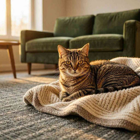 Cute tabby cat lying on the sofa and looking at the camera