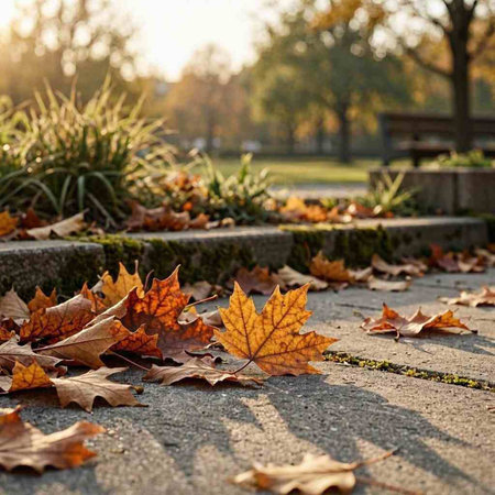 Fallen leaves on the sidewalk in the park. Autumn season.