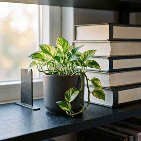 Books and potted plant on a shelf in the living room.