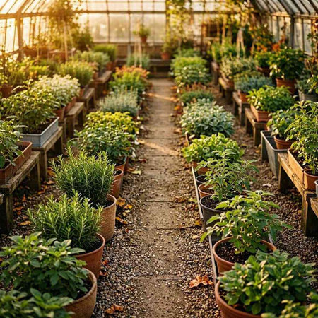 Plants in pots in greenhouse at sunset. Gardening concept.