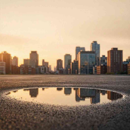 Puddle on the asphalt road with the city skyline in the background