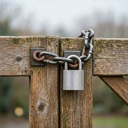 A padlock and chain on a wooden gate in the countryside.