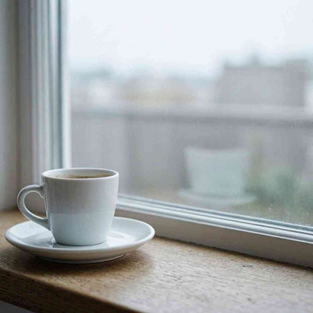 Cup of coffee on the windowsill in the morning. Selective focus.