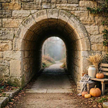 Autumnal alley in the countryside with a pumpkin and a pot