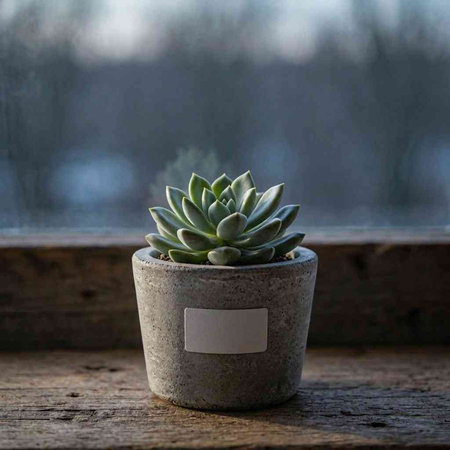 Succulent plant in a pot on the windowsill with a blank label.