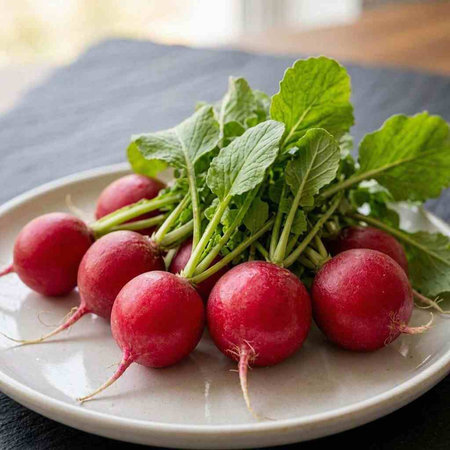 Fresh red radishes on a white plate. Close-up.