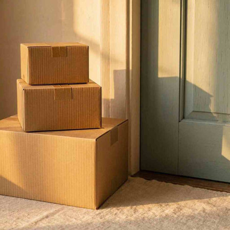 Cardboard boxes on the floor in front of the door. Home delivery.