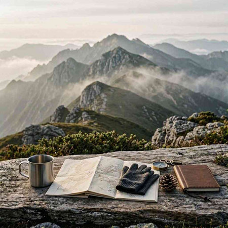 Mountain landscape with a cup of coffee and a book on a stone