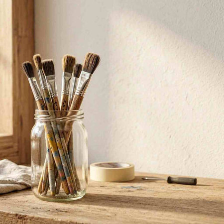 Paint brushes in a glass jar on a wooden table against a white wall