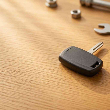 Car key on the wooden table with copy space for your text.