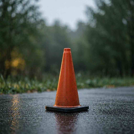 Traffic cone on wet asphalt in the rain. Blurred background.