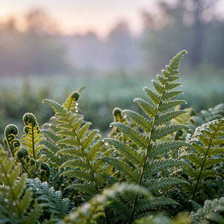 Fern leaves in the morning fog with dew on the surface.