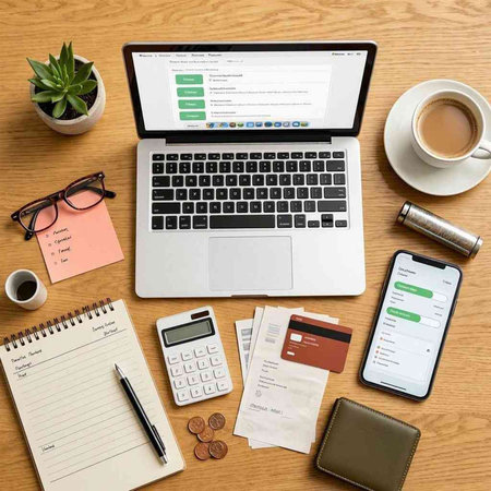 High angle view of office desk with laptop, smartphone, stationery and coffee