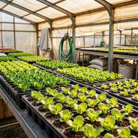 Organic hydroponic vegetable cultivation in greenhouse, selective focus.