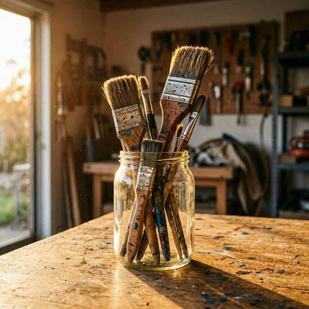 Paint brushes in a jar on a wooden table in a workshop
