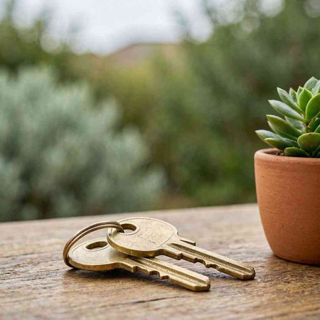 Key on a wooden table with succulents in the background.