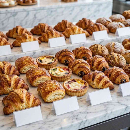 Different types of croissants on display at a bakery shop.