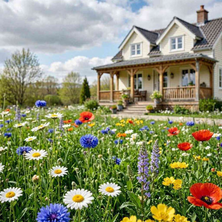 Beautiful spring flowers in front of a rustic country house.