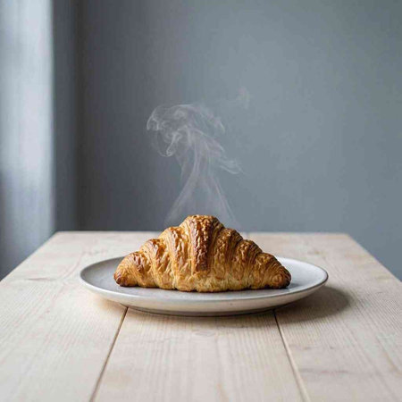 Freshly baked croissant on a wooden table with smoke.