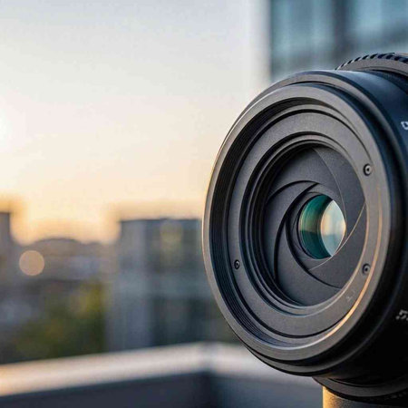 Camera lens close-up on the background of the city and sunset