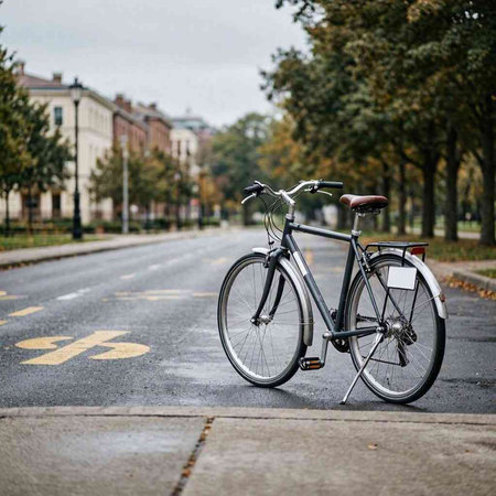 Bicycle parked on the road in the city. Close-up.