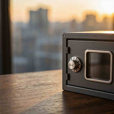 Closeup of a metal safe on a wooden table in front of a cityscape