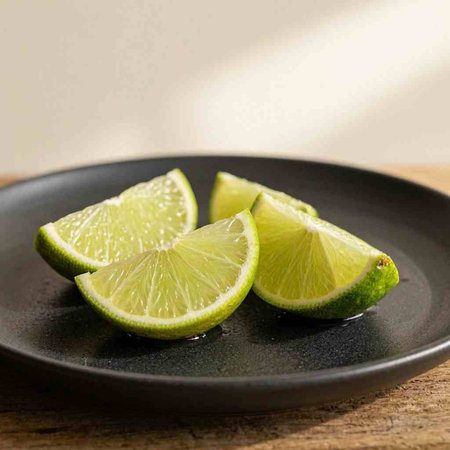 lime slices on a black plate on a wooden table, close up