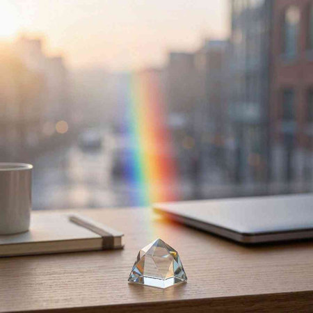 Laptop, coffee cup and a rainbow on the background of the city
