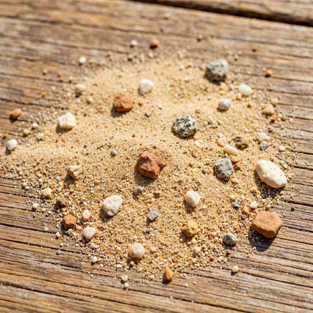 Sand in the form of a star with pebbles on a wooden background