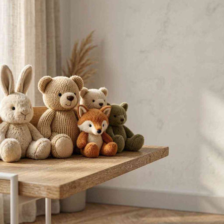 Cute teddy bears sitting on a shelf in the living room