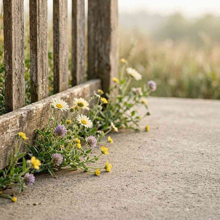 Wildflowers on the ground with a wooden fence in the background