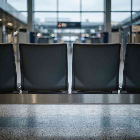waiting area at the airport with a row of black chairs.
